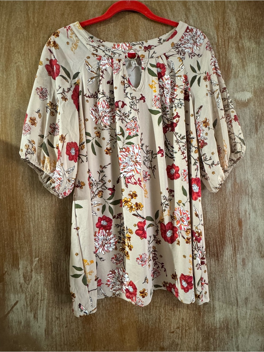 Perseption Cream Floral Keyhole Peasant Top with Red and Green Accents